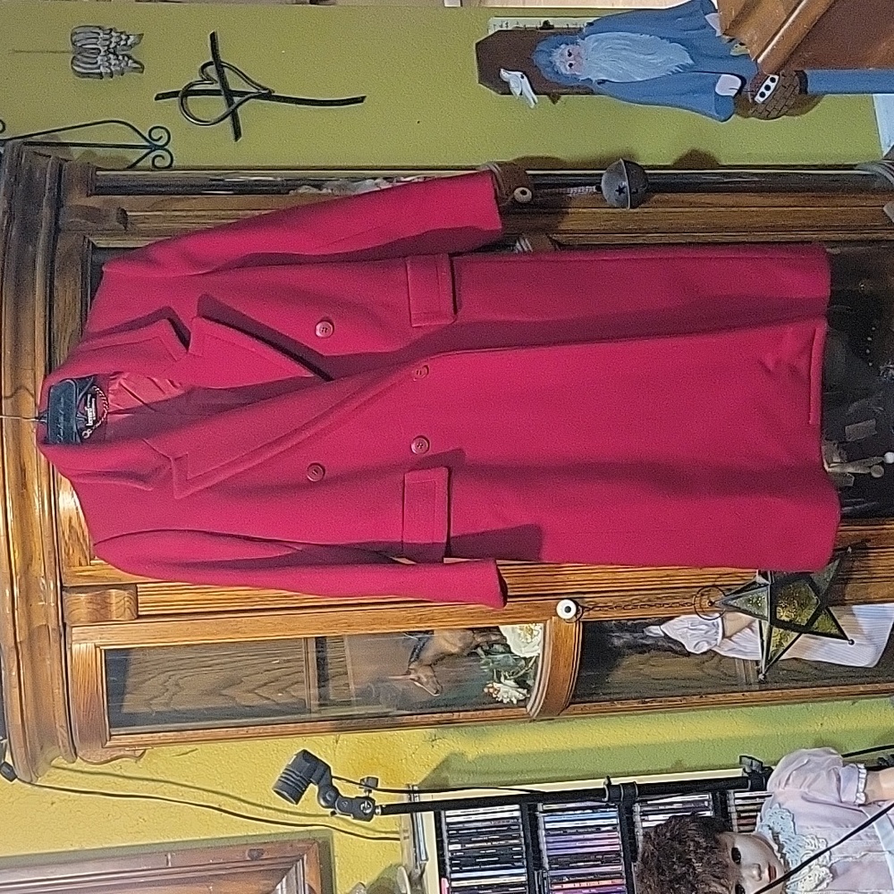BERNARD PETITE BY HARVE BERNARD LONG RED WOOL TRENCH COAT SZ 6P EUC